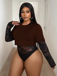 [SAJOON] Plus Size Autumn Fashionable Sexy 2 In 1 Contrast Lace Long Sleeve Bodysuit