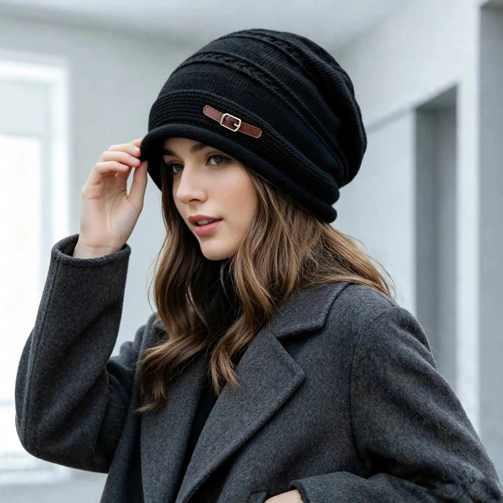 Ladies Oversized Relaxed Knit Skull Cap, Plush Fleece Inner Lined Thermal Winter Headwear, High Stretch Flexible Beanie Suitable for Pregnant Women with Circumference 22 to 60 Inches