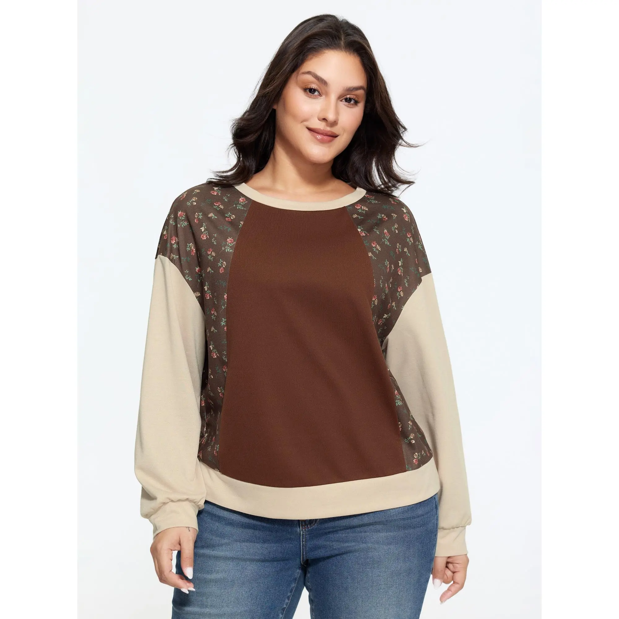 BLOOMCHIC Plus Size Vintage Ditsy Floral Patchwork Raglan Sleeve Loose Sweatshirt[M-6X]Back To School,Fall Pick, Spotlight Day，SohoChic