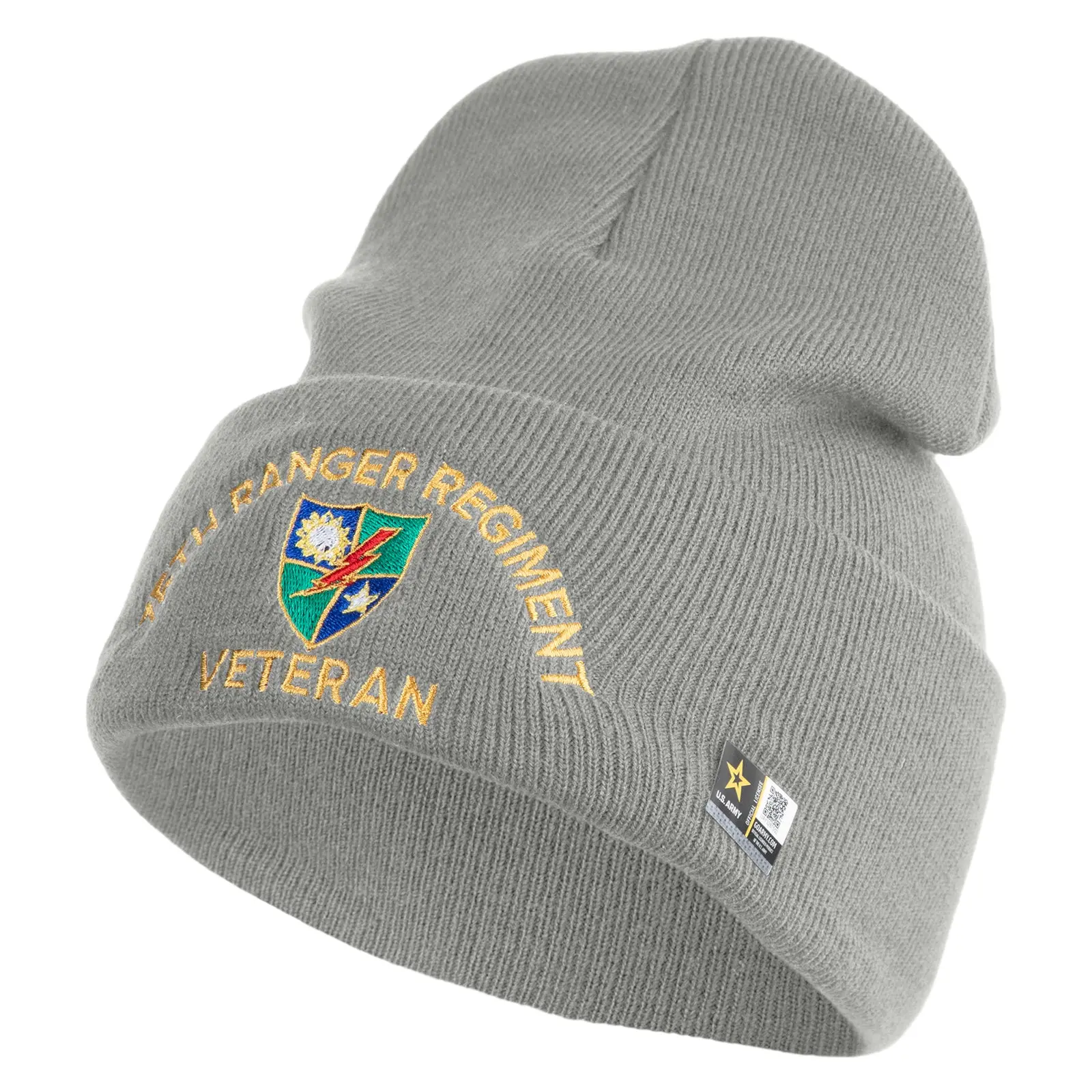 U.S. Army 75 Ranger Regiment Logo Embroidered 12 Inch Solid Knit Cuff Long Beanie Made in USA