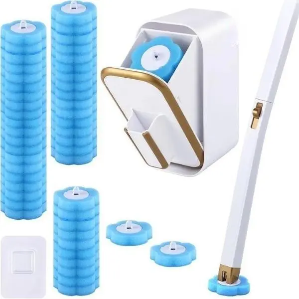 Disposable Toilet Brush Kit with 24 Refill Pads Hygienic Bathroom Cleaning System Plastic Holder Set