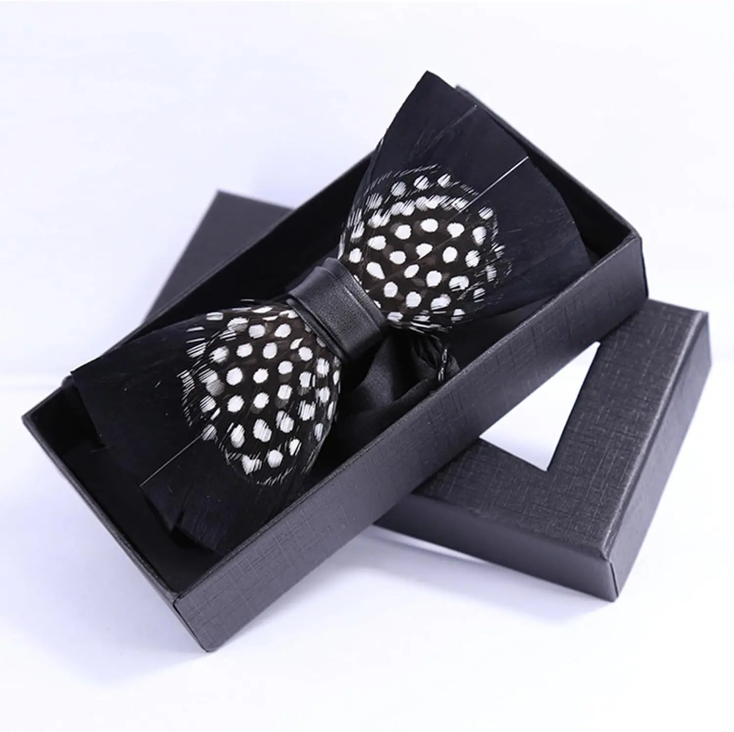 Men's Handmade Feather Leather Bowtie for Formal Party Dark Black