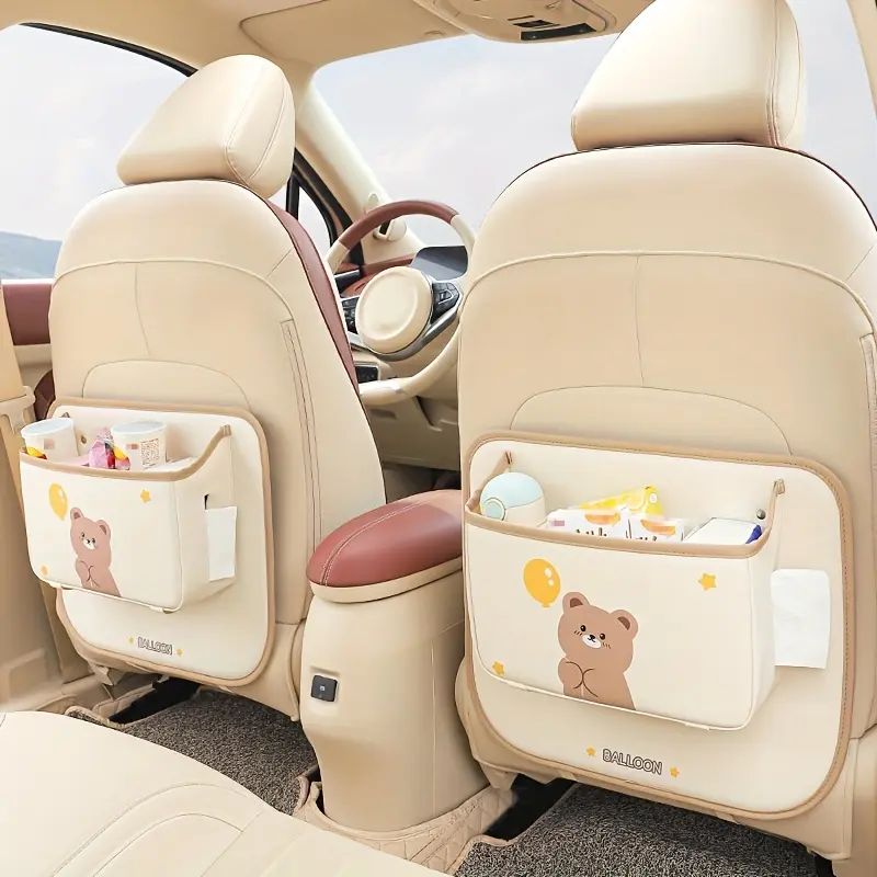 1 Cute car seat back storage bag - multi-functional PU leather storage bag, suitable for most vehicles, car trash can, very suitable for storing car interiors and accessories, Car Interior Accessory
