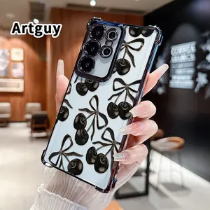 Black Cherry Pattern Phone Case Compatible with Samsung Galaxy S23 Ultra S24 Plus S25 S22+ FE Edge Four Corners Air Cushion Anti-drop Silicone Shockproof Cellphone Cover