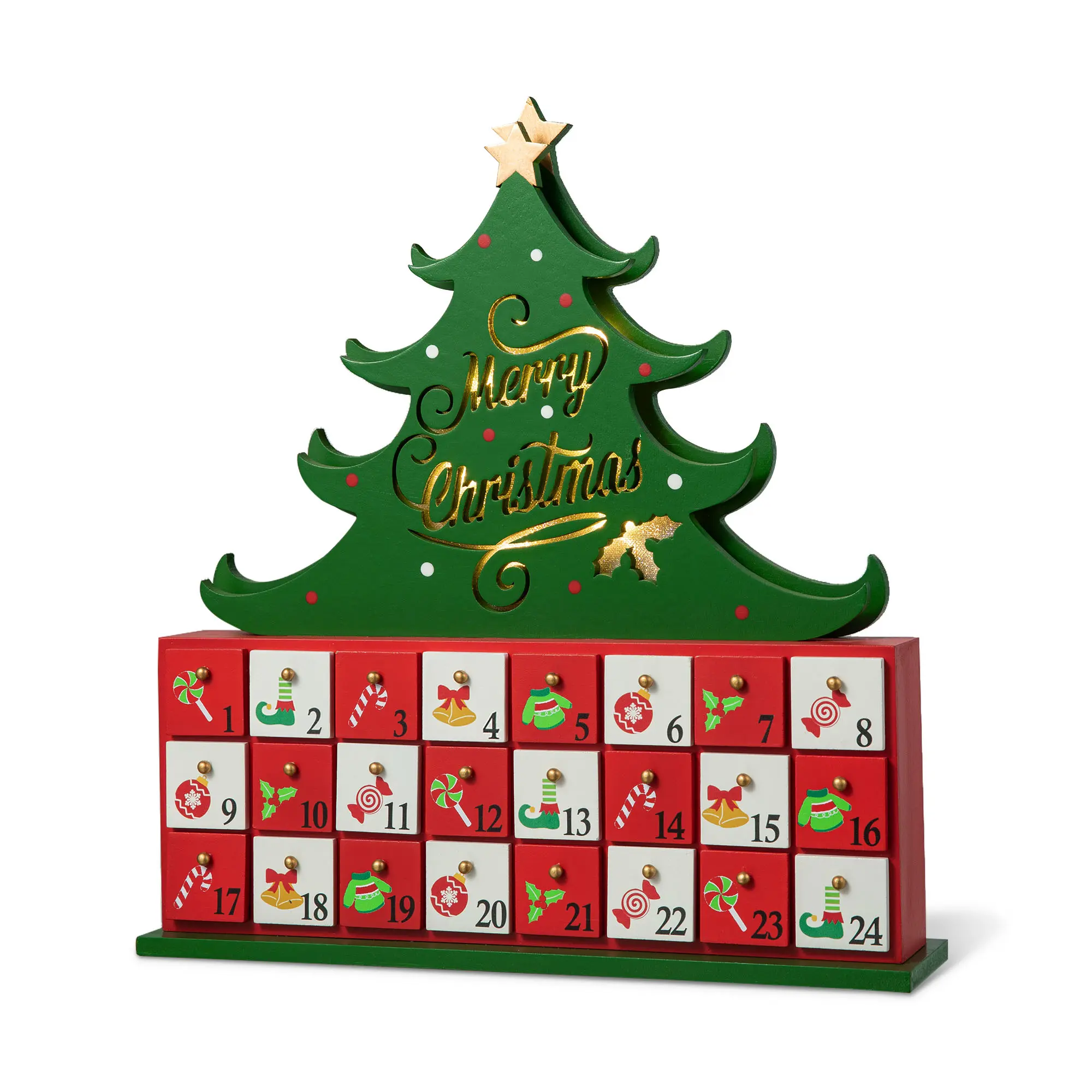 【Christmas in July】 Glitzhome 15.25"H Lighted Wooden Christmas Tree Advent Calendar Decor