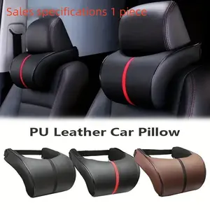 PU Leather Car Neck Headrest Pillow, Ergonomic Memory Foam Cushion with Red Accent Stripe, Car Interior Accessories for Most Vehicles