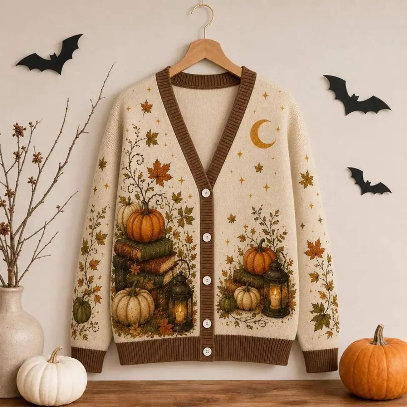 Autumn Pumpkin Book Cardigan, Vintage Lantern Moon Botanical Knit Sweater, Cottagecore Fall Jacket