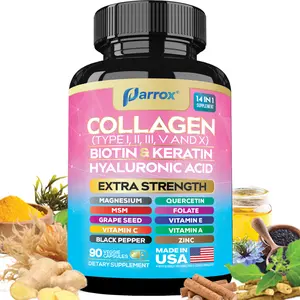 PARROX Collagen Supplement - Type I, II, III, V and X - with Biotin, Keratin, Hyaluronic Acid & 13+ Extra Strength Ingredients - 90 Capsules - MADE IN USA
