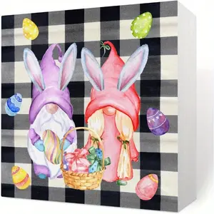 Rustic Bunny Gnomes Eggs Easter Decorations Home Office Desk Decor Spring Buffalo Plaid Wood Box Sign Farmhouse Cubicle Shelf Wall Art Decor Gift Ideas 5 X 5 Inch