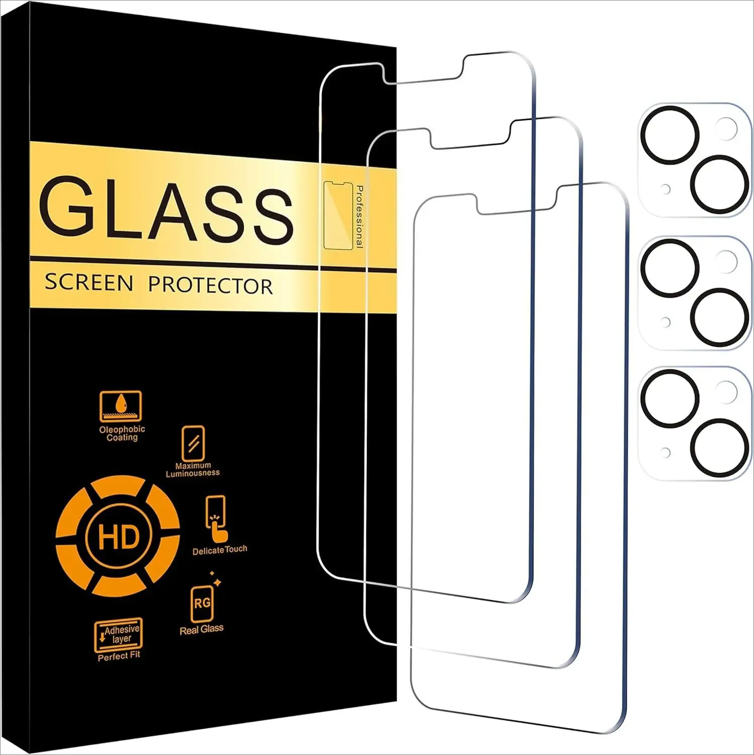 Screen Protector + Camera Lens Protector for iPhone 14, 3+3 Pack | 6.1 inch, Case Friendly, Tempered Glass Film, HD