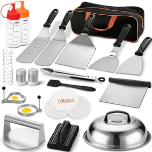 128-piece grill accessory set compatible with Black Stone; professional flat-top BBQ tools; BBQ spatula set with enlarged spreading knife; burger patty press maker; suitable for outdoor charcoal grilling