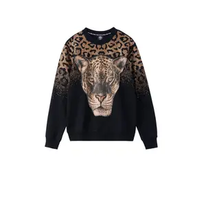 TCH- NEW Fashion Hot Diamond Long Sleeve Round Neck Leopard Head Fashion Sweatshirt