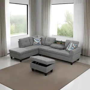 Brown Grey Linen 3-Piece Sofa Set, Elegant Upholstered Living Room Furniture, Breathable Fabric, Plush Seating, Sleek Modern Design for Home, Apartment and Small Space Decor