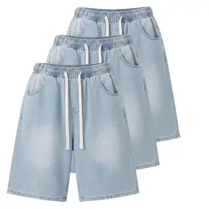 Men's 3-Pack Light Wash Plain Denim Shorts Set, Drawstring Waist Casual Menswear Bottoms, Stylish Streetwear Summer Men’s Shorts for Daily Wear, Beach Vacation