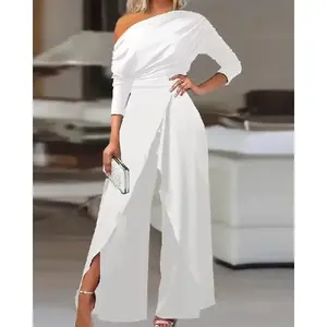 Plain pleated split-style women’s jumpsuit; elegant wide-leg jumpsuit suitable for everyday wear and dates; women’s workwear; four-season long-sleeve style