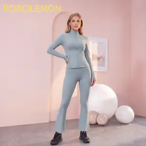 ROROLEMON Women's 2-Piece Slim Yoga Fitness Set, Long Regular Zip Jacket & High-Waisted Flared Pants