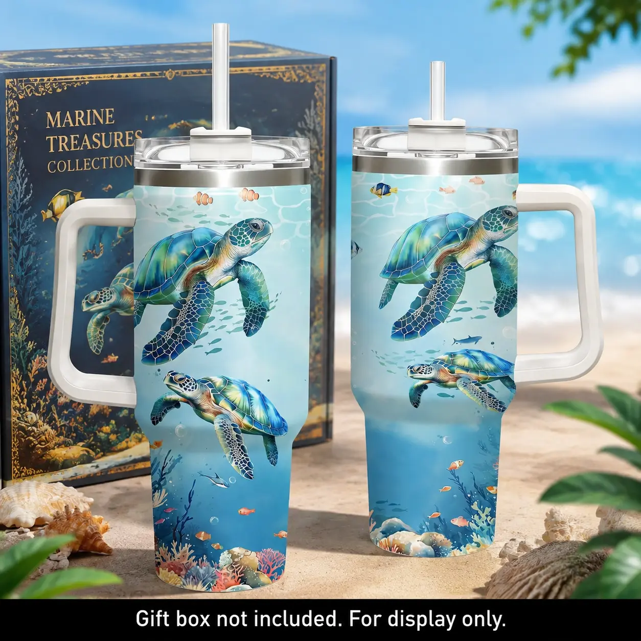 Tropical Underwater Sea Turtle Coral Fish 20oz 40oz Insulated Tumbler with Handle, Stainless Steel Travel Coffee Cup with Lid Straw, Realistic Ocean Scenery Print, Reusable Cold Drink Cup for Summer Vacation Diving Beach Party
