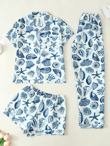 Women's Sleepwear Set, Short Sleeve Cardigan Top + Shorts + Long Pants, Blue Ocean Life Underwater Print, Casual Fitted All Seasons, Pajama Set, Loungewear, Loungewear Pjs