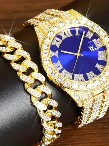 Luxury Quartz Watch and Bracelet Set, Fashionable Two-Piece Ensemble, Elegant Timepiece and Accessory Combo, Perfect for Stylish