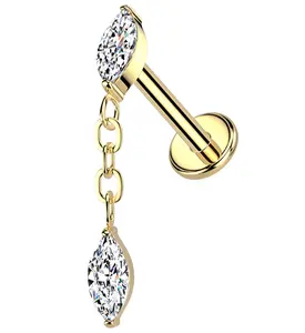 Gold PVD Teardrop Chain Link Dangle Clear CZ Internally Threaded Titanium Labret