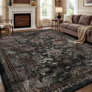 Black Persian-style living room rug; a large, exquisitely patterned rug made of faux cashmere material. Soft and comfortable, slip-resistant and durable, machine washable. Suitable for living rooms, bedrooms, dorm rooms, entryway mats, and home decor.