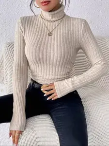Elegant High Neck Knit Sweater for Women, Slim Fit Ribbed Pullover, Soft Inner Layer Top, Gentle Style Casual Wear, Turtleneck, Long Sleeve, Knitwear, Knitted Tops, Womenswear