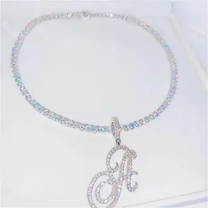 2025 New A-Z Cursive Letters Name Pendant Necklace Iced Out Bling 5A+ Cubic Zircon CZ Silver Color Letters Charm HipHop Jewelry