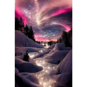 1PCS DIY Diamond Painting Kit Snowy Landscape with Aurora and Starry Sky Sparkling Rhinestone Art for Ho