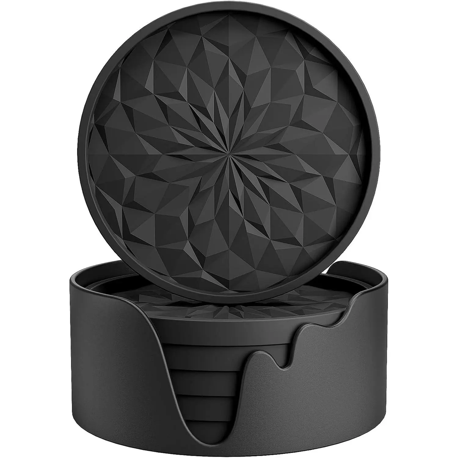 Coasters with Holder,[6 Pack] Drinking Coasters - Cup Mat for Hot or Cold Drinks, Thickened, Non-Slip, Non-stick,Deep Tray Black