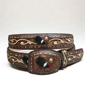 Cinto Gallo Leather Belt with Artisanal Embroidery for Men Classic Cowboy Style Authentic Look