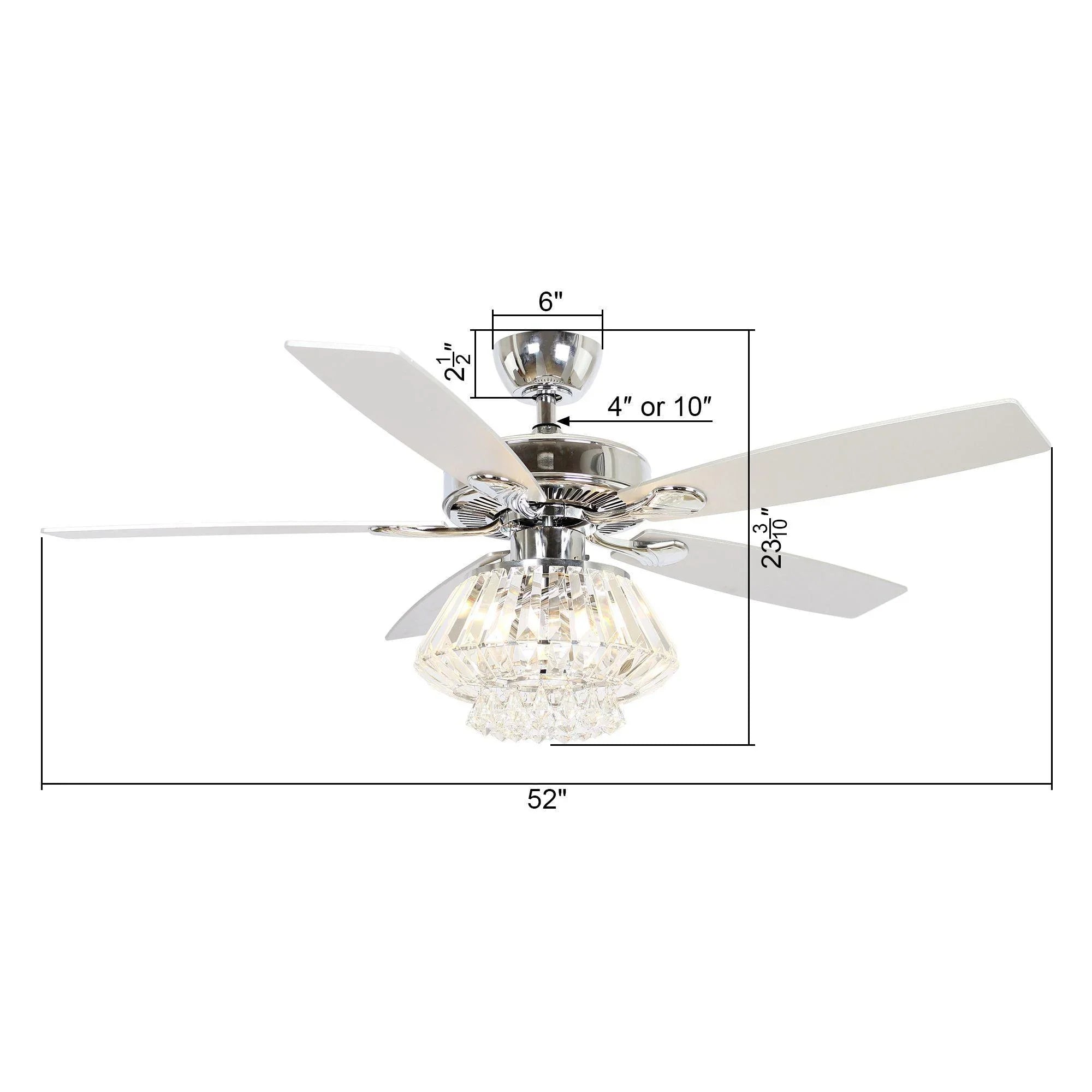 52" Kerala Modern Chrome Crystal Ceiling Fan, Downrod Mount, Reversible Blades with LED Light & Remote Control
