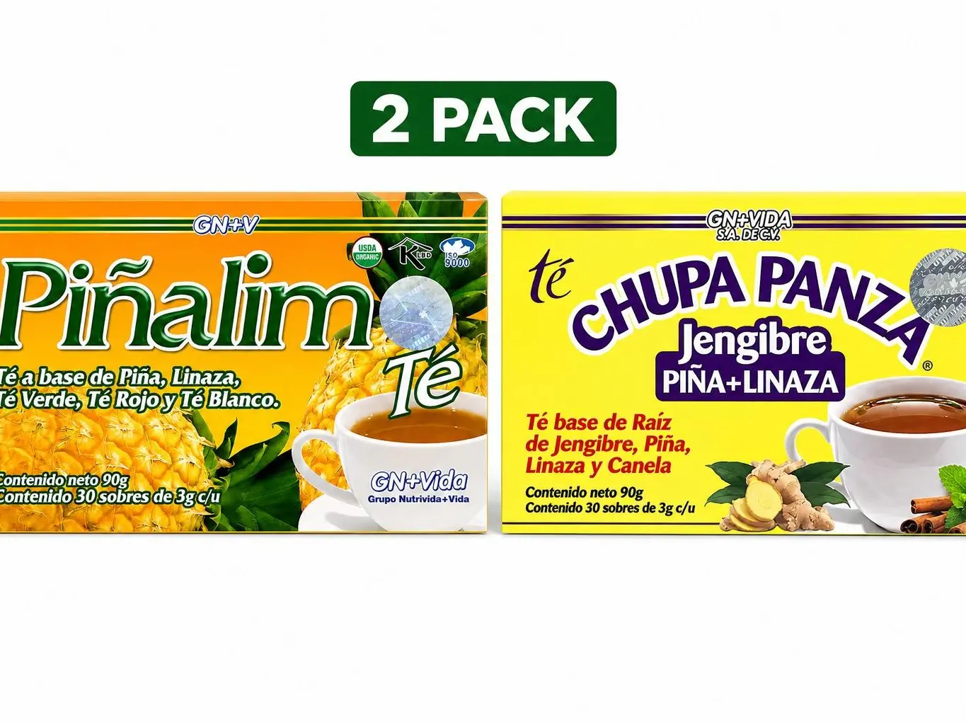 2 Pack Combo GN + VIDA Pinalim Piñalim Chupa Panza Natural Health Tea Caffeine Free Herbal Tea Bags with Senna Leaf & Green Tea Adult Dietary Supplement