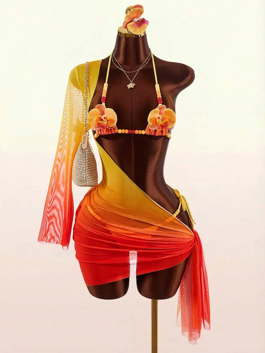 Women's 3D Floral Print Bikini Sets - Red Orange Avant-Garde Swimwear for Summer Beach Vacations, Casual Resort Wear