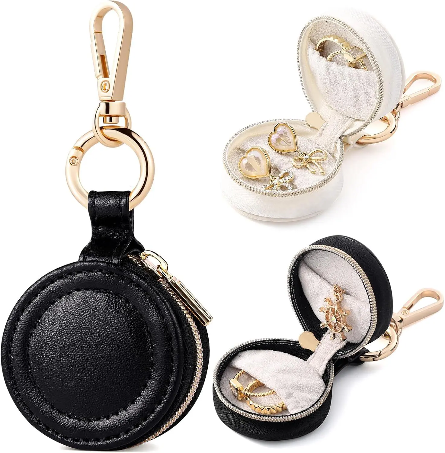 2 Pcs Portable Jewelry Ring Holder Box with Keychain Small Travel Storage Case for Rings Earrings Studs Necklaces White Black