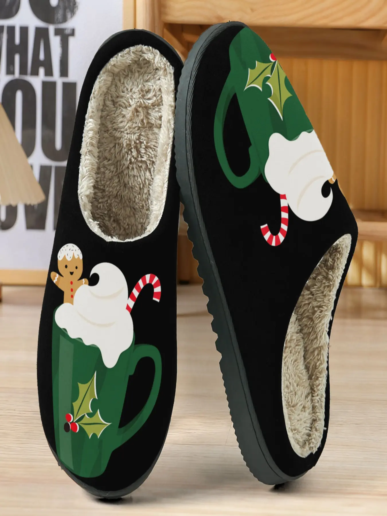 Christmas Hot Drink Cotton Slippers, Bottom Cup Design, Gingerbread Man Decor, Fuzzy Lining, Cozy Home Shoes