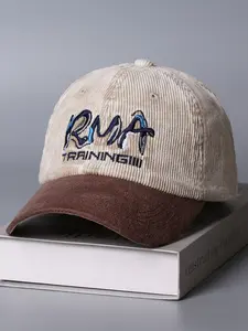 Unisex Vintage Corduroy Baseball Cap, Adjustable Patchwork Hat Brim, Embroidered Letter Design, Casual Sun Protection Snapback