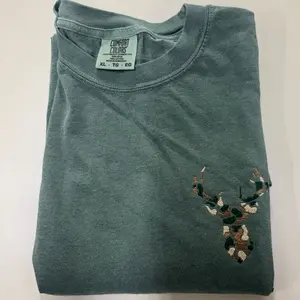 Comfort Colors Embroidered Camo Deer Head Pocket Area