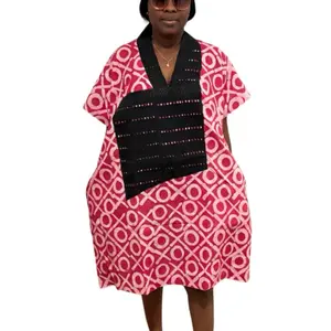 African Tie and Dye Short Bubu Dress with Asooke Details in Front for Stylish Comfort Casual Womenswear Summer Vneck Fitted