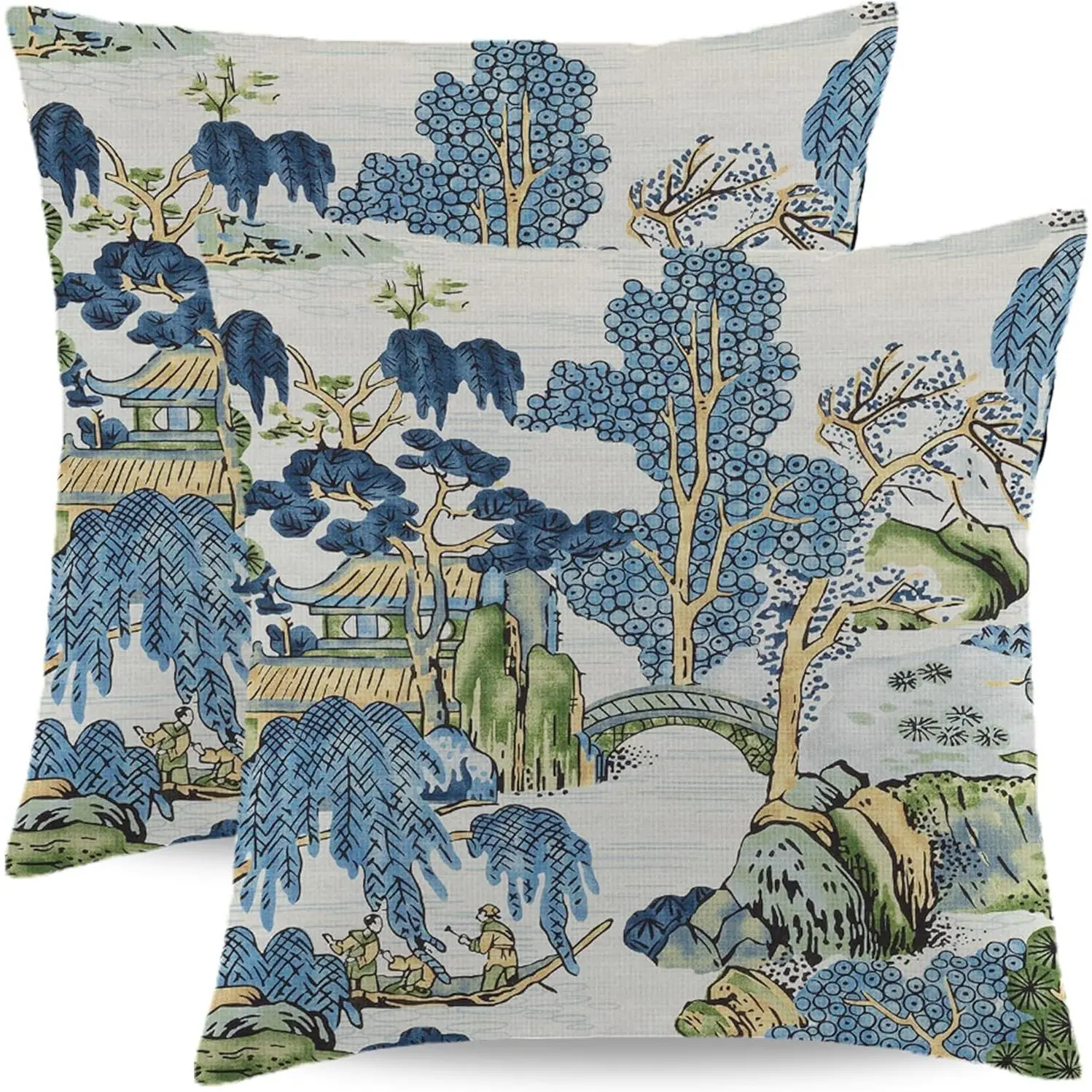 Chinoiserie Throw Pillow Covers 18 x 18 Inch Set of 2  Blue and Green Farmhouse Decorative Cushion Cover  Scenic Linen Pillow Case for Bedroom Bed Outdoor  Couch Sofa