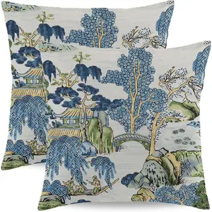 Chinoiserie Throw Pillow Covers 18 x 18 Inch Set of 2  Blue and Green Farmhouse Decorative Cushion Cover  Scenic Linen Pillow Case for Bedroom Bed Outdoor  Couch Sofa