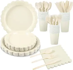 175PCS Ivory Party Supplies Set, Beige Scalloped Paper Plates, Napkins, Cups & Cutlery, Elegant Disposable Tableware for Wedding, Bridal Shower, Baby Shower & Birthday Party, Complete Party Tableware Set