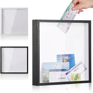 Shadow Box Picture Frame with Linen Board - Deep Wood & Tempered Glass Display Case Memory Box Baby Sports Memorabilia, Pins, Awards, Medals, Wedding, Tickets and Photos