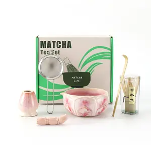 Six-Piece Kiln-Changed Ceramic Tea Set, Matcha Kit Set, Matcha Bowl, Stirrer, Bamboo Spoon, Lotus Root Tray, Brush Holder, Japanese Matcha Gift Box