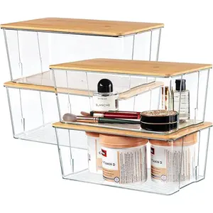 Blanche 4 Pack Clear Plastic Storage Bins with Bamboo Lids Stackable Containers for Medicine Cabinet Craft Room & Bread Box Organizer
