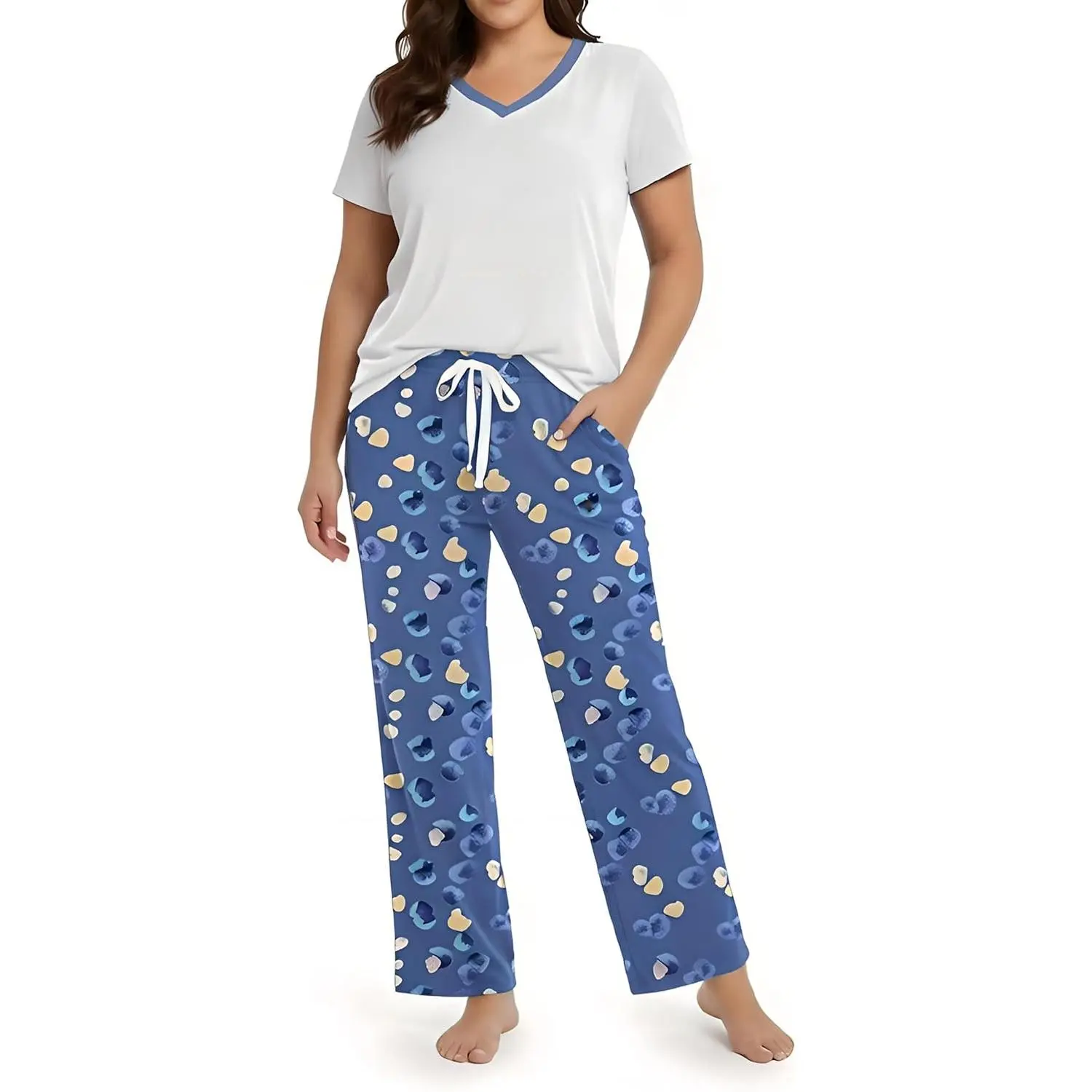 FLYCURVY Women's Plus Size 2-Piece V-Neck Rayon Nightwear, Lightweight Cooling Pajama Sets with Pockets, Adjustable Drawstring Lounge Sets (L-5XL), Loungewear, Breathable, Casual, Fit, Pants, Soft, Elegant, Gift, Plus Size Pajamas Sets