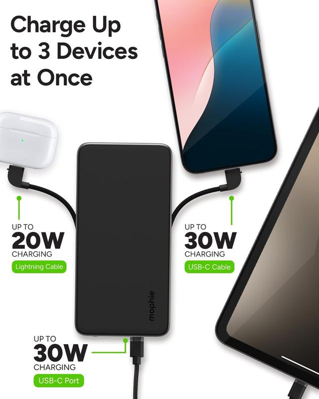 mophie Powerstation Plus Power Bank - Has Integrated USB-C and Lightning Cables, Fast Charging for Smartphones, Tablets, and iPhones