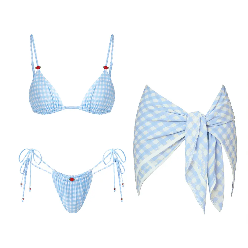 2026 new women’s three-piece micro bikini set with plaid print and bow—fashionable, sexy low-rise tie two-piece swimsuit set with short skirt; ideal for holiday casual beachwear, swimwear, hot spring wear, and swim party outfits.