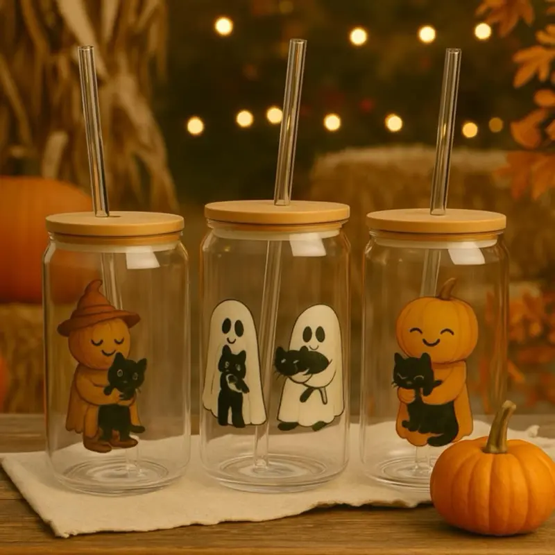 Cute Ghosts 16oz Sipper Glass | Halloween Drinkware, Spooky Gifts, Home Decor, Cat Lovers, Party Favors