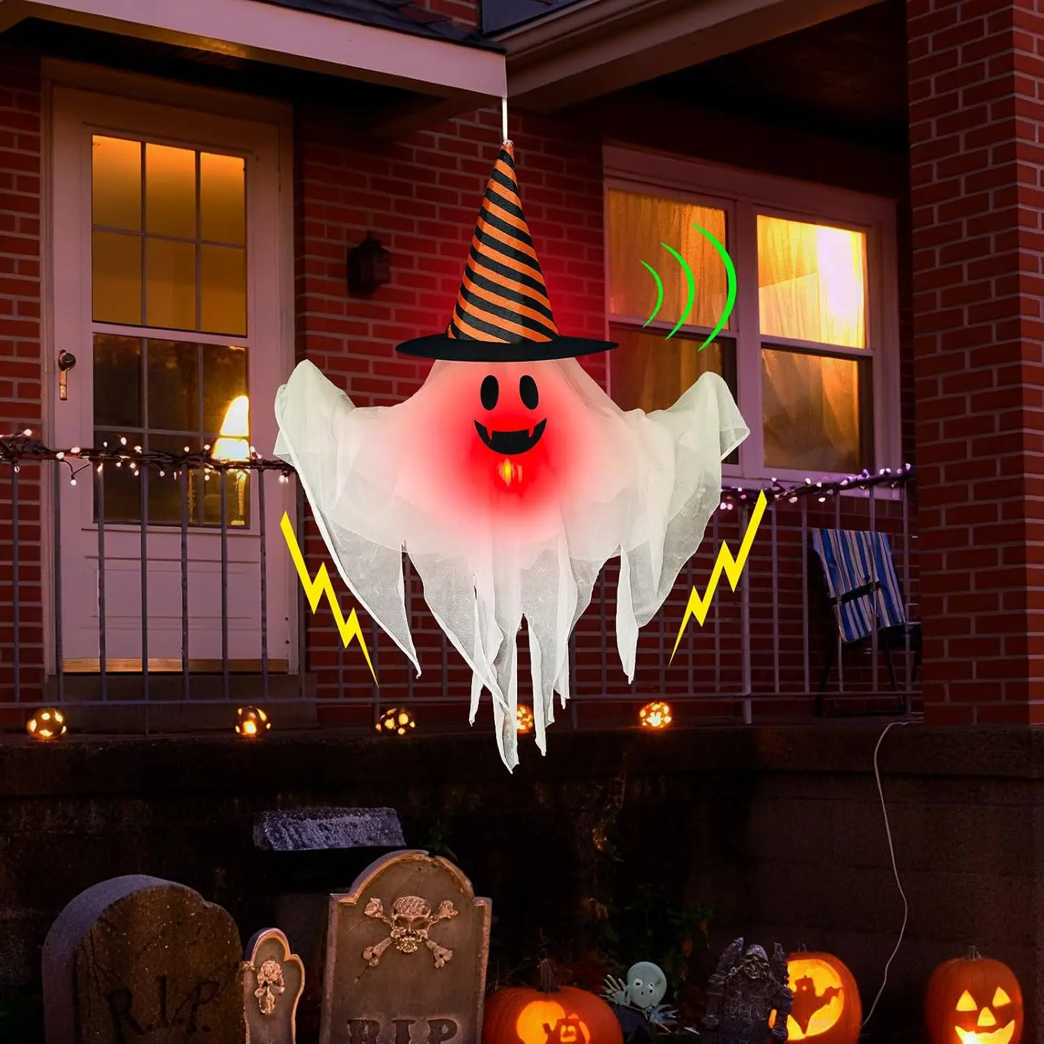 Light up Halloween Animatronics Hanging Ghost Decorations | Sound Activated, Creepy Sound, Shake Hands, Lighted Flying Ghost Scary Halloween Props Decor Outdoor Yard Patio Haunted House