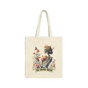 Skeleton Crown Tote Bag, Halloween Cotton Canvas Handbag, Gothic Queen Carryall, Punk Rock Shoulder Bag, Unique Gift for Skeleton Lover tote  bags